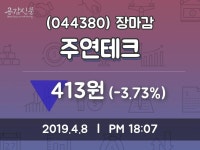 (8일주가마감정보) 주연테크 주가 413원으로 장 마감