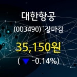 (22일주가마감정보) 대한항공 주가 35150원으로 장 마감