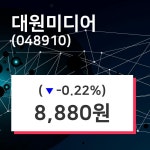 대원미디어 주가오늘시세 외 주식시황.... 10일  현재 8880원