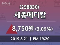 (21일오늘의증시 마감) 세종메디칼 주가 8750원으로 장 마감