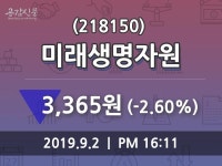 미래생명자원주가(218150), 9월 2일 현재 3365원 증권그래프..
