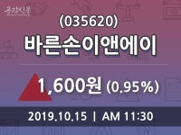 바른손이앤에이주가, 10월 15일 오늘거래가 1600원 및 증권시세