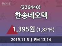 한송네오텍 주가(226440)종목 그래프  및 증권정보와 종목동정 5일 오늘 가격 1395원 거래