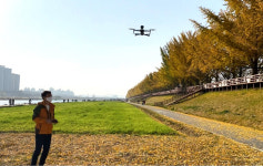 아산시, 곡교천 은행나무길서 드론 띄워 코로나19 예방 캠페인