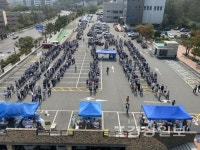 울산 동구 보건소 선별진료소에서 코로나19 검사를 받는 현대중공업 직원들