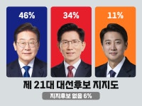 [21대 대선 여론조사] 이재명 46%·김문수 34%·이준석 11%