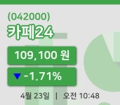 [카페24주가] 23일 이시각 현재  109,100원