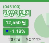 [한양이엔지주가] 11시 24분 현재 12,450원