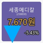 세종메디칼마감가 7,670원, 전일대비 -5.43프로등락..