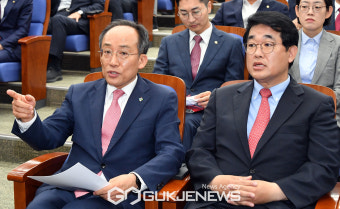 대화 하는 추경호 국민의힘 원내대표와 배준영 원내수석부대표