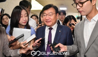 취재진의질문 받는 정점식 정책위의장