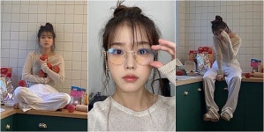 아이유(이지은), 똥머리+잠자리 안경도 완벽 소화..물오른 러블리 비주얼