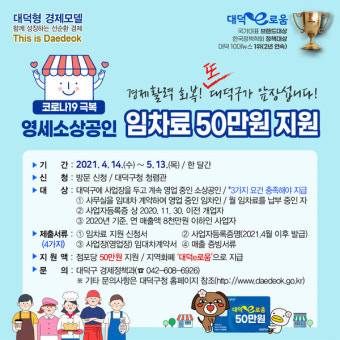 대전 대덕구, 영세소상공인 임차료 50만원 지원