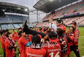 [ST포토] 헹가래 받는 황선홍 감독, 샴페인에 흠뻑 젖어