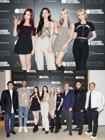 에스파, SM 이성수·탁영준 공동 대표와 美 워너 레코드 사옥 방문