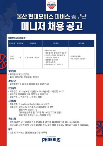 현대모비스, 선수단 매니저 모집 공고…6월 15일까지 모집