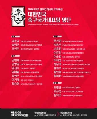 대한민국 싱가포르 2026 북중미 월드컵 아시아지역 2차 예선 중계는 어디에서?...출전 명단 관심 집중