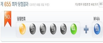 655회 로또 당첨번호 7, 37, 38, 39, 40, 44 보너스 18