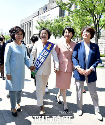 [TF포토] 이재명-박원순-문재인-안희정 부인, 통합행보 '기호 1번 최고!'