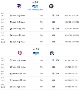 [MHN 메이저리그] 2019메이저리그 포스트시즌팀 경기일정 디비전시리즈 대진표