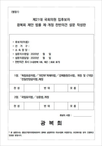 광복회, 제21대 국회의원후보 대상 ‘친일찬양금지법’ 찬반 물어