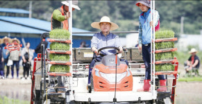 문 대통령, 옥산마을 모내기 현장 방문…농업인 격려
