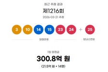 제1216회 로또 1등 14게임 당첨… 경기 이천서 수동 3게임 나와 눈길