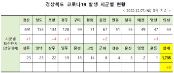 경북 코로나19 확진자  9명 발생 누적 1735명