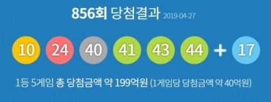 제856회 동행복권 로또복권 당첨번호 10, 24, 40, 41, 43, 44 + 17