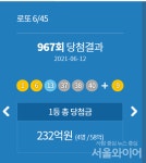 로또당첨번호조회,967회 1등 4명 대박...명당 당첨점/당첨지역은?