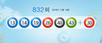 832회 로또당첨번호, 13,14,19, 26, 40,43...보너스 30
