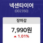 마감주가  14일 넥센타이어 마감증시 7990원...