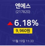 11월 19일 엔에스 주식종목 9960원  6.18%