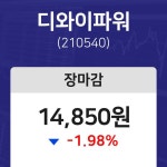 (내외경제장종주가) 4일 디와이파워 마감증시 14850원...