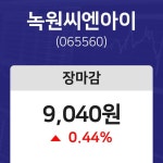 (NBNTV마감증시) 24일 녹원씨엔아이 마감증시 9040원...