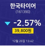 12월 26일 한국타이어 증권매매 39800원  -2.57%