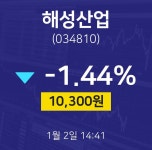 1월 2일 해성산업 배당주식 -1.44% 10300원