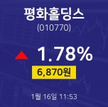 1월 16일 평화홀딩스 오늘주식시세 6870원  1.78%