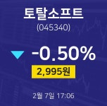 주식현황 토탈소프트 주가 7일  현재 2995원