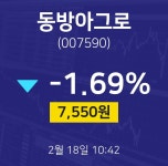 배당주식 동방아그로 주가 18일  현재 7550원