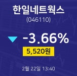 2월 22일 한일네트웍스 투자주식 -4.54% 5470원