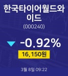 한국타이어월드와이드주식시세현황  8일  현재 16150원
