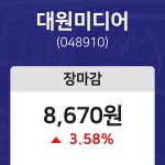 (NBNTV마감증시) 14일 대원미디어 마감증시 8670원...