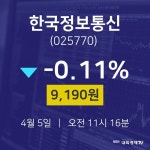 4월 5일 한국정보통신 주식종목검색 -0.11% 9190원