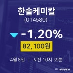 오늘주식 한솔케미칼 주가 8일  현재 82100원