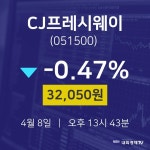 4월 8일 CJ프레시웨이 오늘주식장 32050원  -0.47%