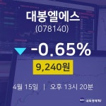 오늘주식시장 대봉엘에스 주가 15일  현재 9240원