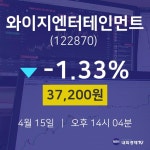 4월 15일 와이지엔터테인먼트 주식종목검색 37200원  -1.33%