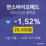 (내외TV마감증시) 15일 한스바이오메드 마감증시 29200원...