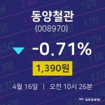 주식종목시세 동양철관 주가 16일  현재 1390원
